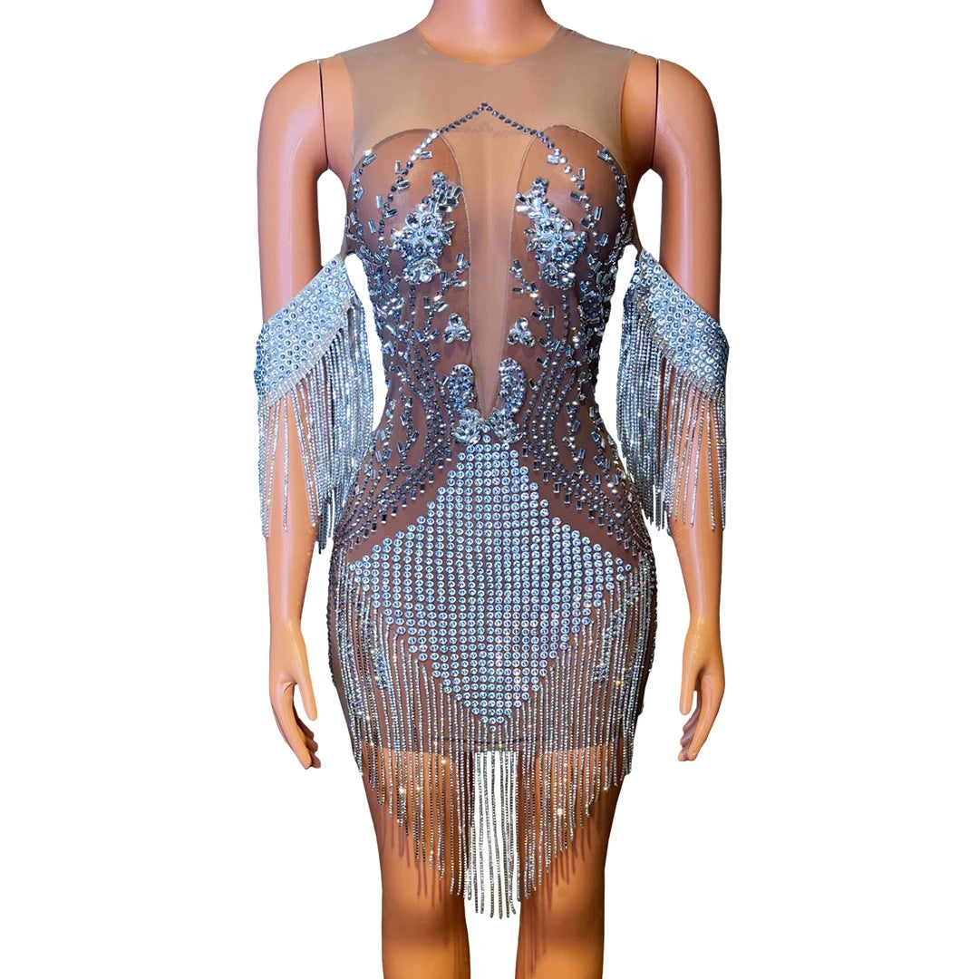 Saias Femininas Summer Sparkly Mesh See Through Tassel Rhinestone Dance Wear Party Gown Short Prom Dress Women Sexy Club Dresses