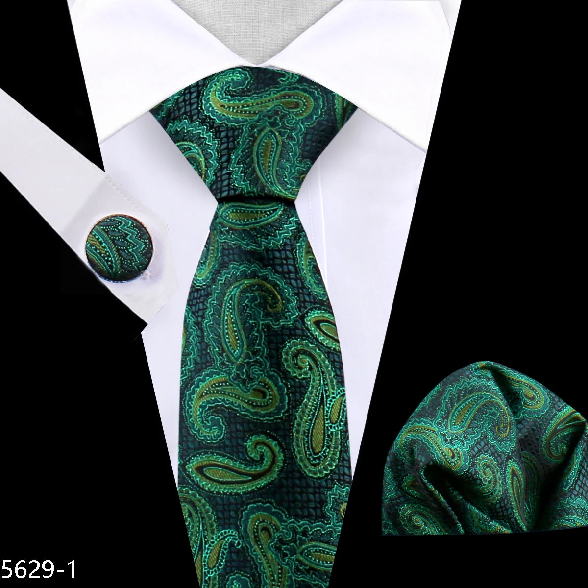 Fashion Silk Men Tie Green Teal Blue Solid Paisley Striped Plaid Floral Animal Necktie Handkerchief Cufflinks Set