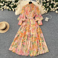 LW0741 2025 Spring Vintage Stand Collar Single Breasted Lantern Sleeve Waist Swing Print Long Dress Casual Women'S Dresses