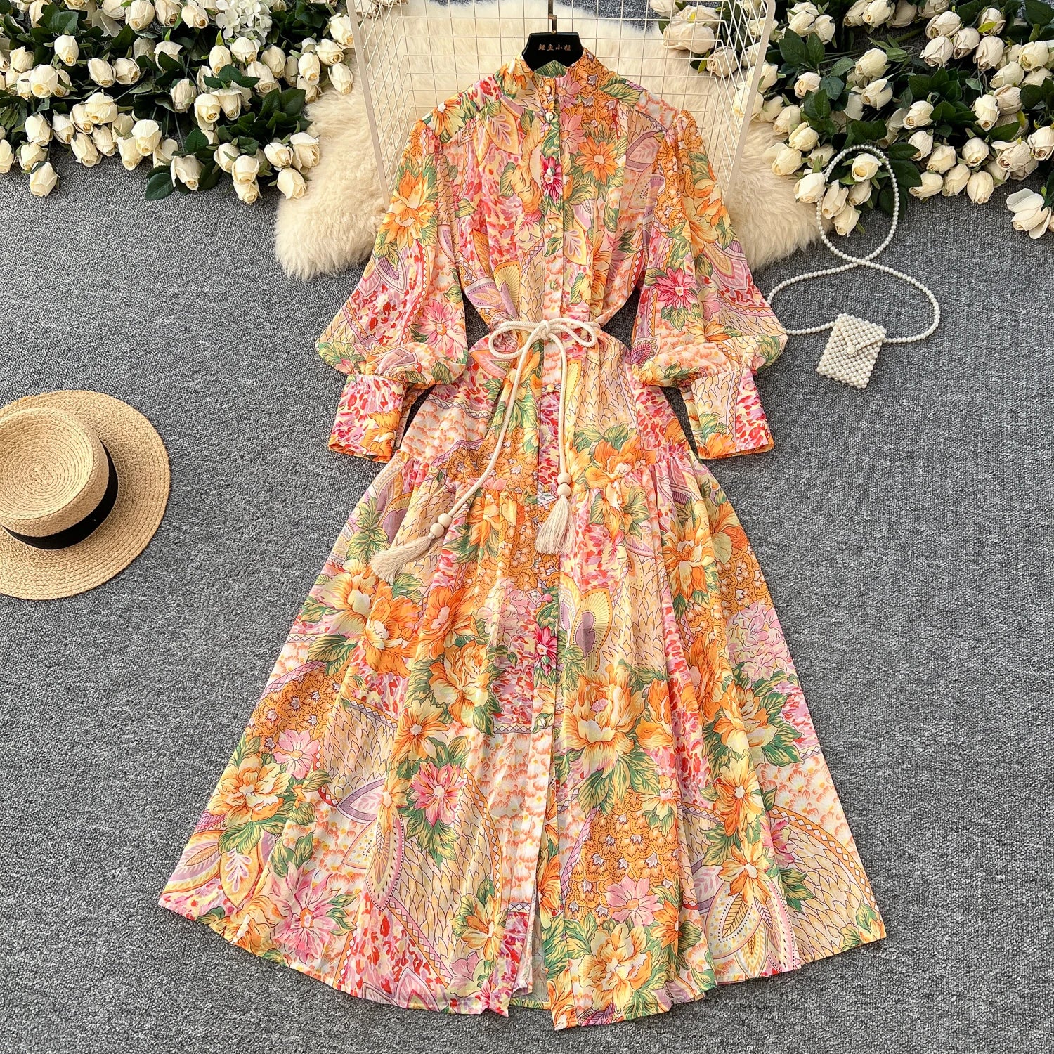 LW0741 2025 Spring Vintage Stand Collar Single Breasted Lantern Sleeve Waist Swing Print Long Dress Casual Women'S Dresses