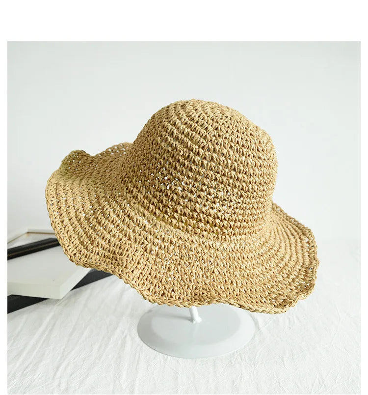 WoZhen Korean Version Foldable Crochet Bulk Natural Grass Boater Straw Hats Unisex Beach Sunshade Cap for Fishing & Travel
