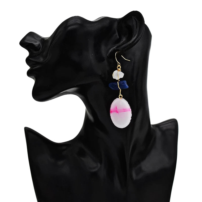 Newest Women Nature Gemstone Crystal Earrings Jewelry Handmade Long Round Amethysts Dangle Earring