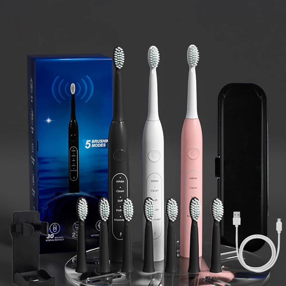 Adult Sonic Toothbrush Smart Soft IPX7 Waterproof Travel Case Type-C 5 Modes Dental Oral Care Electric Toothbrush Set