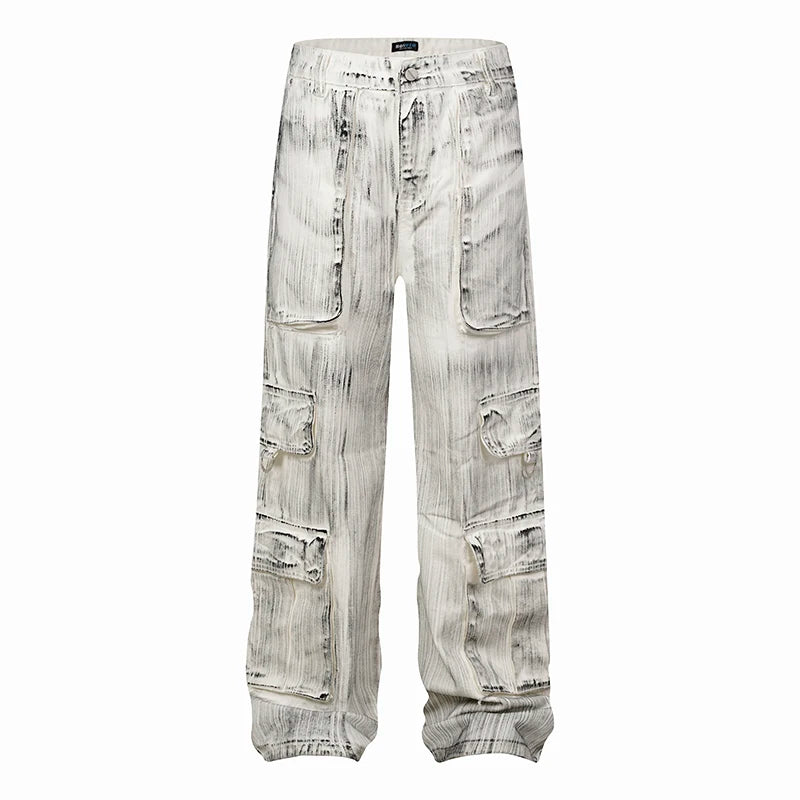 Streetwear Baggy Street Personality Tie Dye  Multiple Pockets Mud Wash Jeans Straight Leg Gradient  Relaxed Fit Jeans Men
