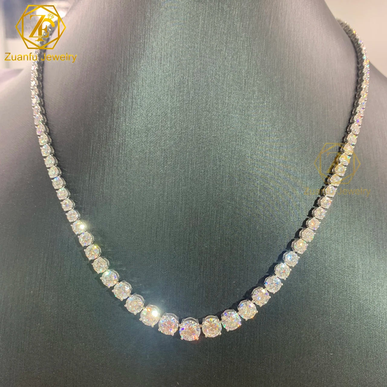 925 Sterling Silver Tennis Chain with Graduated Riviera Diamond 17inches Moissanite Tennis Necklace for Wedding or Party Gift