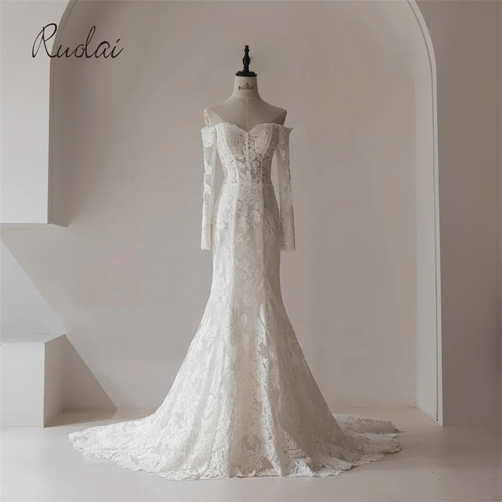 Ruolai QW01863 Sweep Train Lace up Back Sweetheart Neckline Off Shoulder Long Sleeves Mermaid Wedding Dresses for Bride