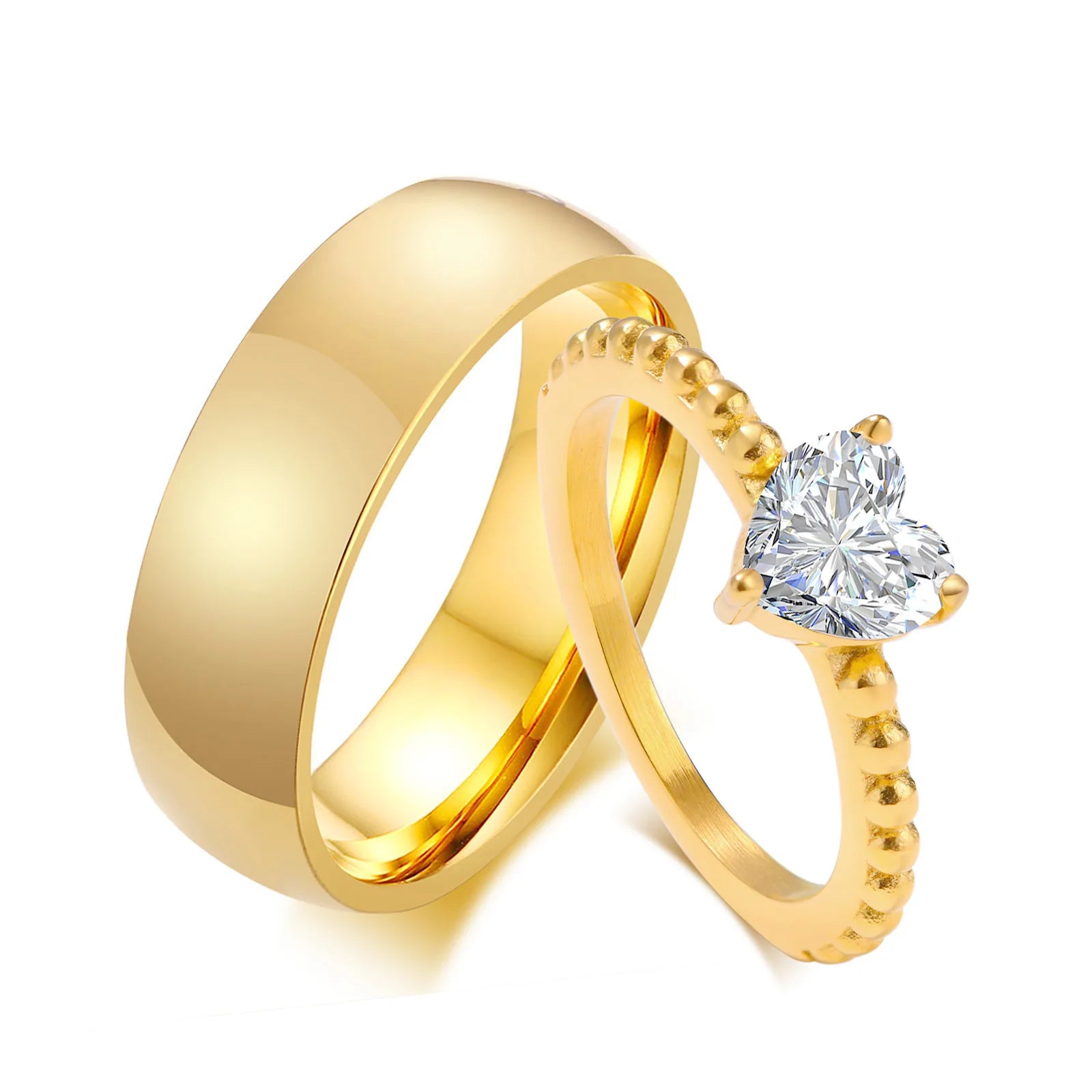 Women Men Cubic Zirconia Stainless Steel Gold Color CZ Heart Wedding Bands Rings for Engagement Ring Couple Anniversary Gift