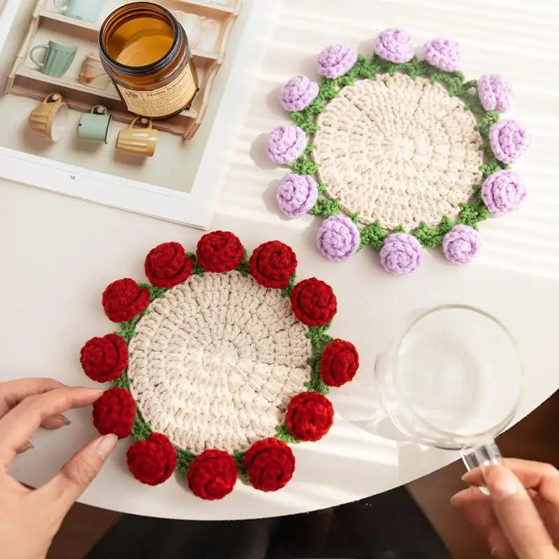 Handmade Crocheted Wool Coaster with Creative Simple Rose Flower Design New Insulation Desktop Decorative Patch Gift