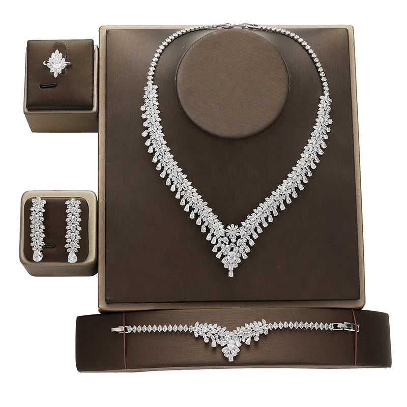Ready Stock Simple Design Silver Evening Dinner Jewelry Set Copper Cubic Zirconia Bridal Party Jewelry Set for Women BN8170