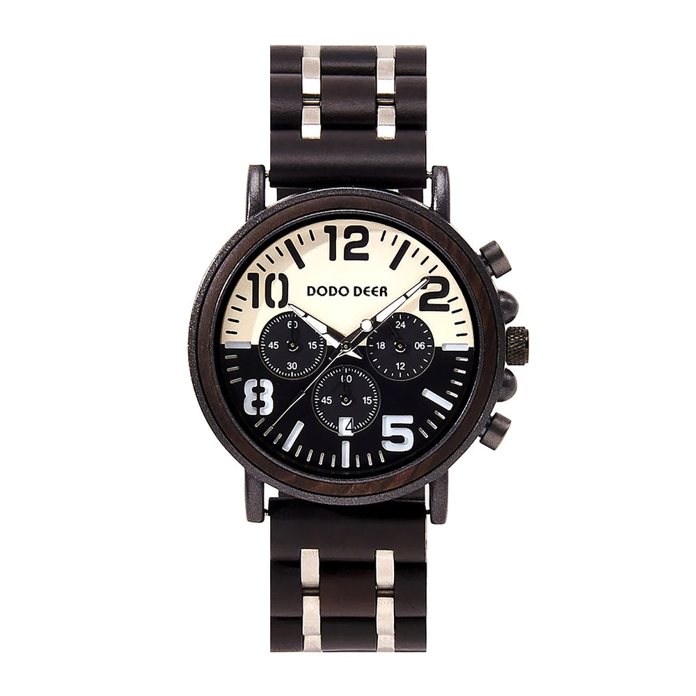 Black Sandal Wood Watch Quartz Chrono Men Wristwatch Multifunctional Stop Watch