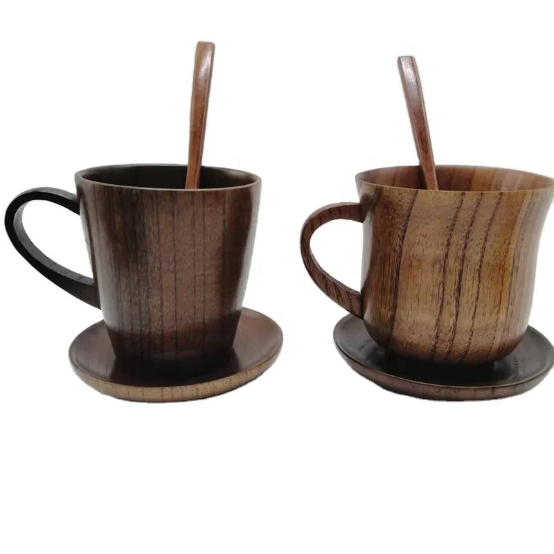 2024 Sour Jujube Standard Set of Six Fashionable Wooden Cup with Saucers and Spoons Drink Holder