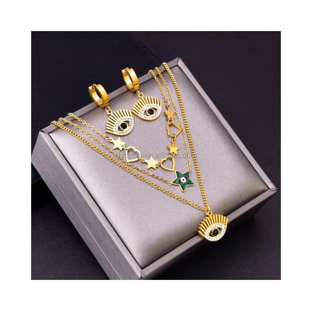 Eye Triple Clavicle Chain Five-pointed Star Pendant Eyelash Eye Titanium Steel Ear Buckle Jewelry Sets Turkey