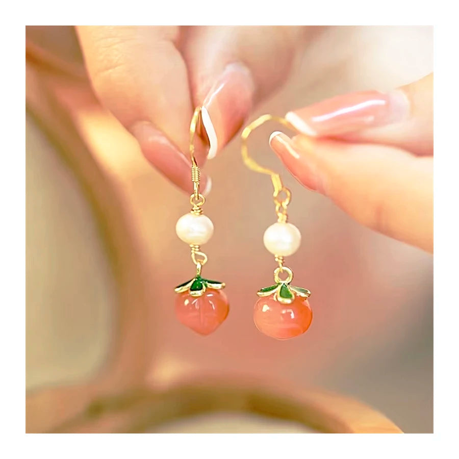 Natural Red Agate Peach Earrings Pearl Niche Design Cute Korean Temperament