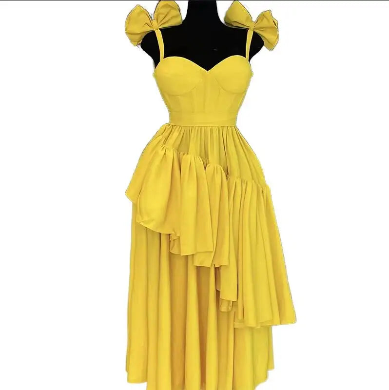 Summer New Bow Sling V-Neck Ruffled Dress for Women European American Cross-Border Casual Wear Natural for Club Summer
