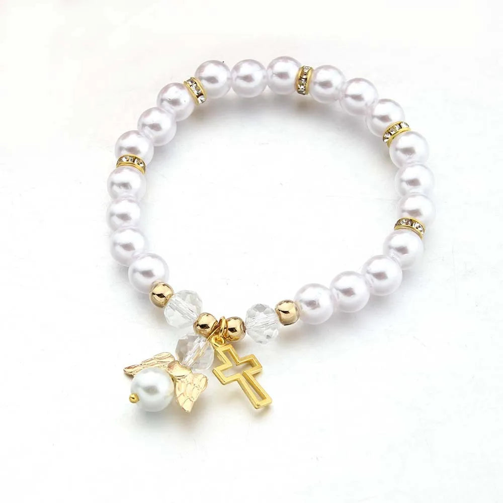 Angel Wing Cross Rosary Bracelets White Gold With Angel Wing Acrylic Baptism Beaded Bracelets for Girls Boy Communion Favors
