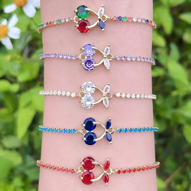 BC1561 Delicate Chic Dainty 18K Gold Diamond CZ Micro Pave Cherry Charm Tennis Chain Macrame String Cord Bracelet for Girls
