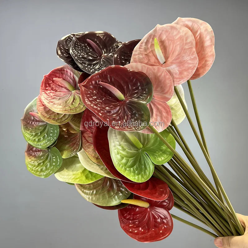 HH202 Wholesale Artificial 3d Real Touch Flamingo Anthuriums Plant Flower Arrangement Home Decor Flowers