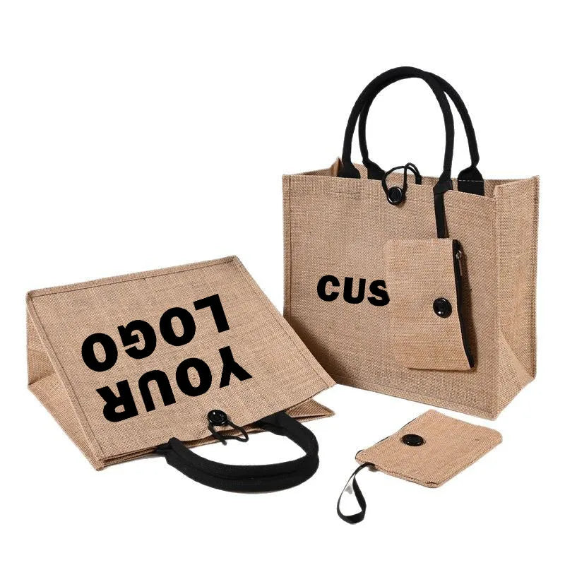 Solid Linen and Jute Tote Handbag