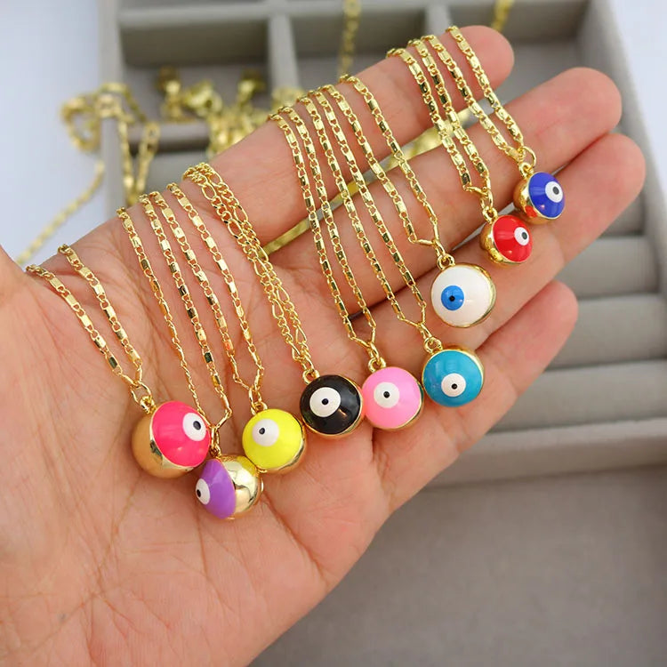 NM1358 Chic Ladies 18k Shiny Gold Plated 3D Multi Colored Enamel Evil Eyes Jingle Bell Ringing Ball Pendant Chain Necklace