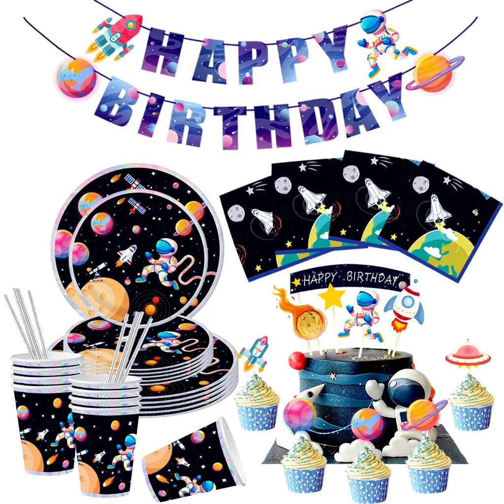 Nicro Fast Delivery Spaceman Theme 92 PCS Space Astronaut Supplies Disposable Tableware Banner Happy Birthday Party Decoration