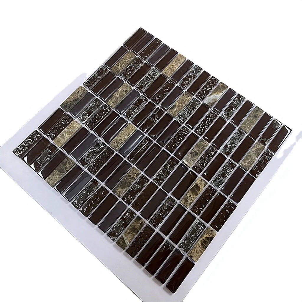 Kitchen Room Dark Emperador Marble Brown Color Glass Mixed Crystal Ice Crackle Mosaic Glass Tiles MegaBDM