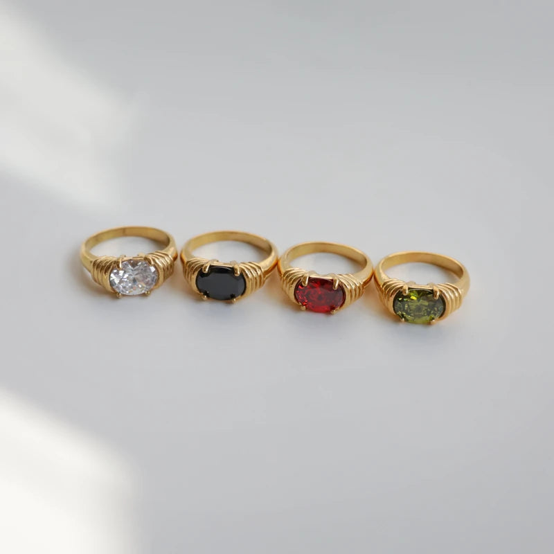High End 18K PVD Gold Plated Emerald Red White Black Stone Rings Vintage Crystal Stones Stainless Steel Tarnish Free Jewelry MegaBDM