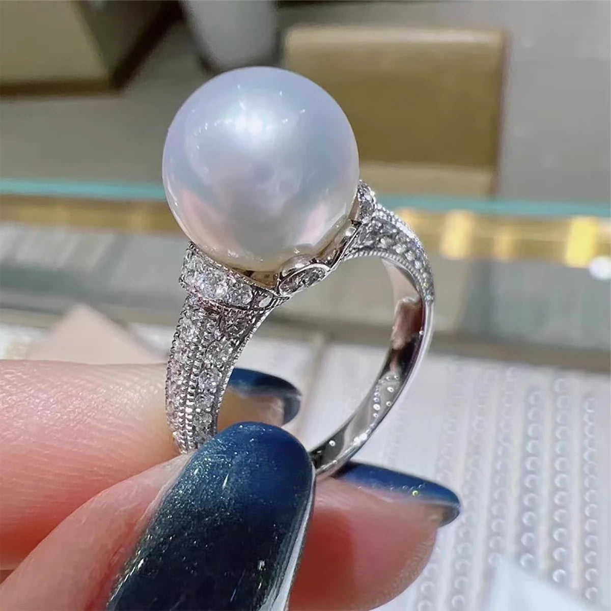 CAOSHI Wholesaler Elegant Sparkling Cubic Zirconia Big Pearl Band Rings for Women Wedding Engagement Silver Plated Rings Jewelry