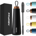 FAYREN Double Wall Stainless Steel Water Bottle Wood Lid Leak Proof for Hot Cold Drinks Direct Drinking for Gym