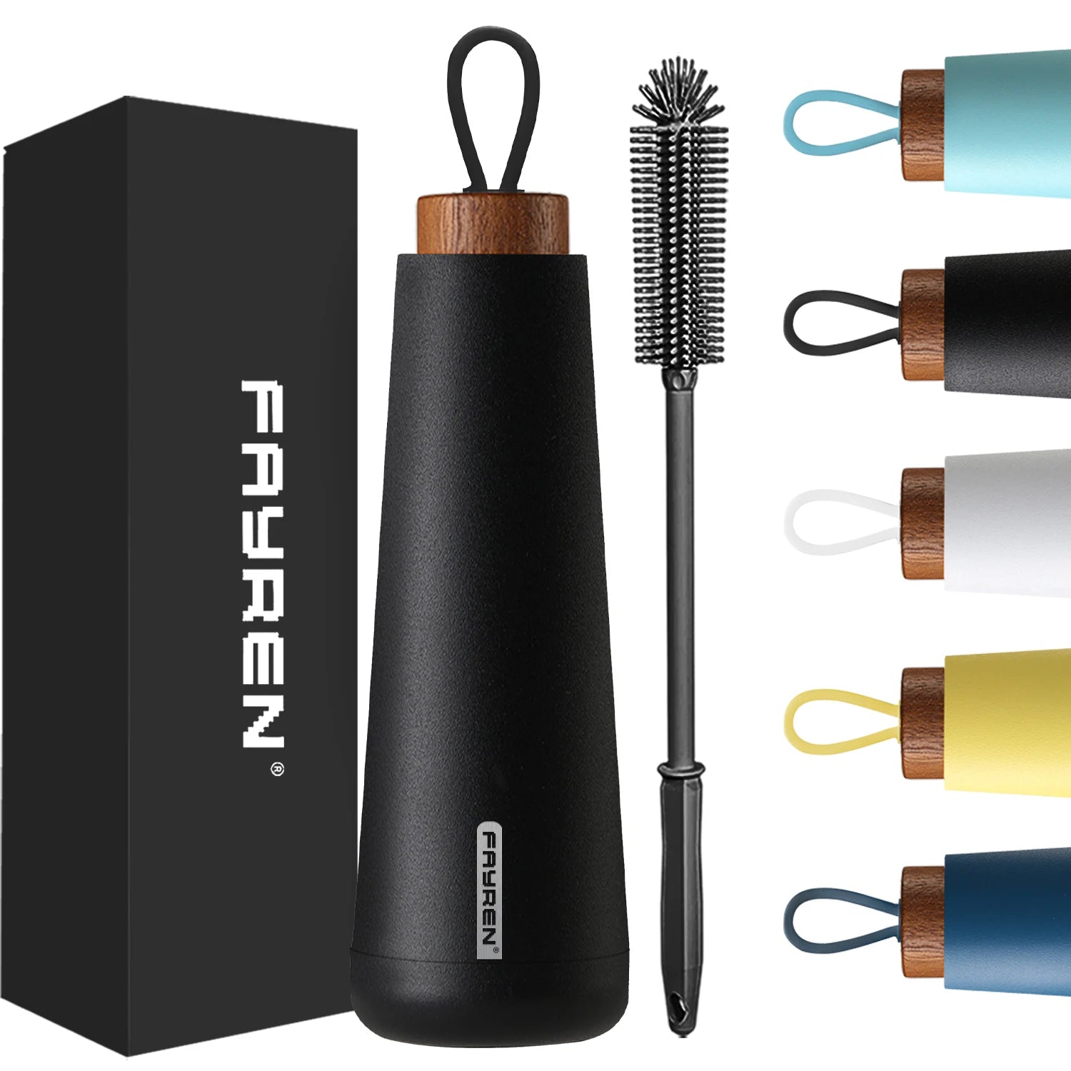 FAYREN Double Wall Stainless Steel Water Bottle Wood Lid Leak Proof for Hot Cold Drinks Direct Drinking for Gym