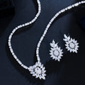 Stunning Cubic Zirconia Leaf Flower Necklace and Earrings Luxury Bridal Party Jewelry Set for Wedding Evening