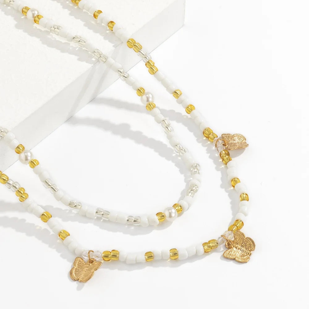Handmade Glass Seed Beads Waist Belly Chain 2pcs a Set for Women Elastic Cord Stretchy butterfly Charm Body Jewelry