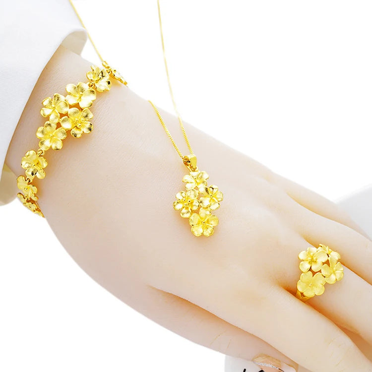 Dubai Gold Brass Gold Plated  Women'S Flower Ringwedding Necklace and Earrings Set