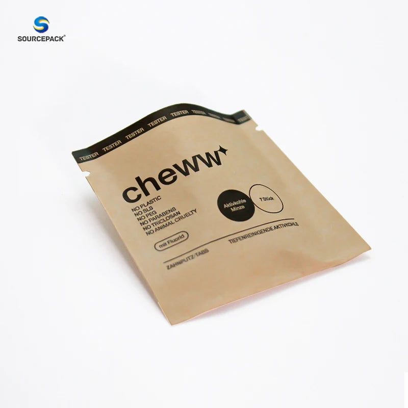 Eco Friendly No Plastic Biodegradable Kraft Paper Sachet Custom Printing Kraft Paper Bags for Cheww Tabs