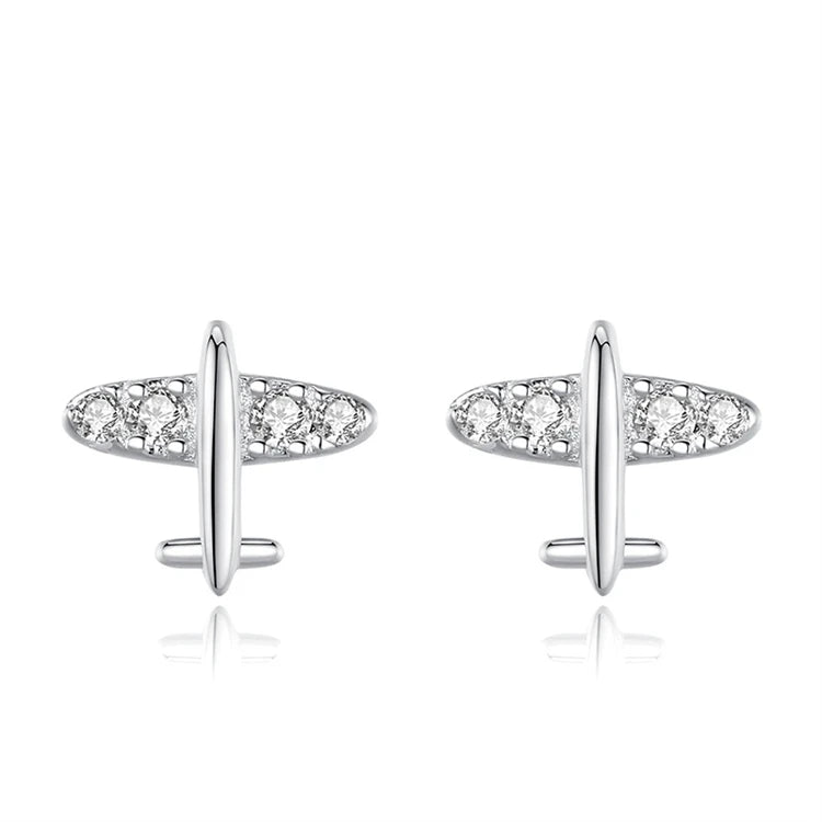 Women Dainty 925 Sterling Silver Small Cute CZ Diamond Airplane Stud Earrings