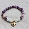 WMB44260 Natural Gemstone Lepidolite Rose Quartz Beaded Wrist Mala With Turkish Eye Charm Gold Plated Bracelet Yoga Jewelry