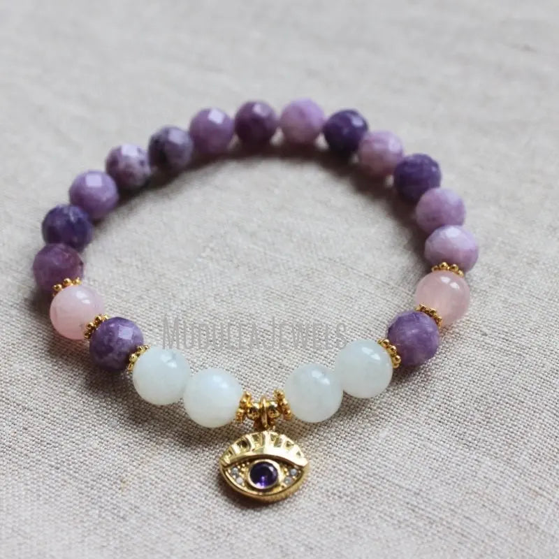 WMB44260 Natural Gemstone Lepidolite Rose Quartz Beaded Wrist Mala With Turkish Eye Charm Gold Plated Bracelet Yoga Jewelry