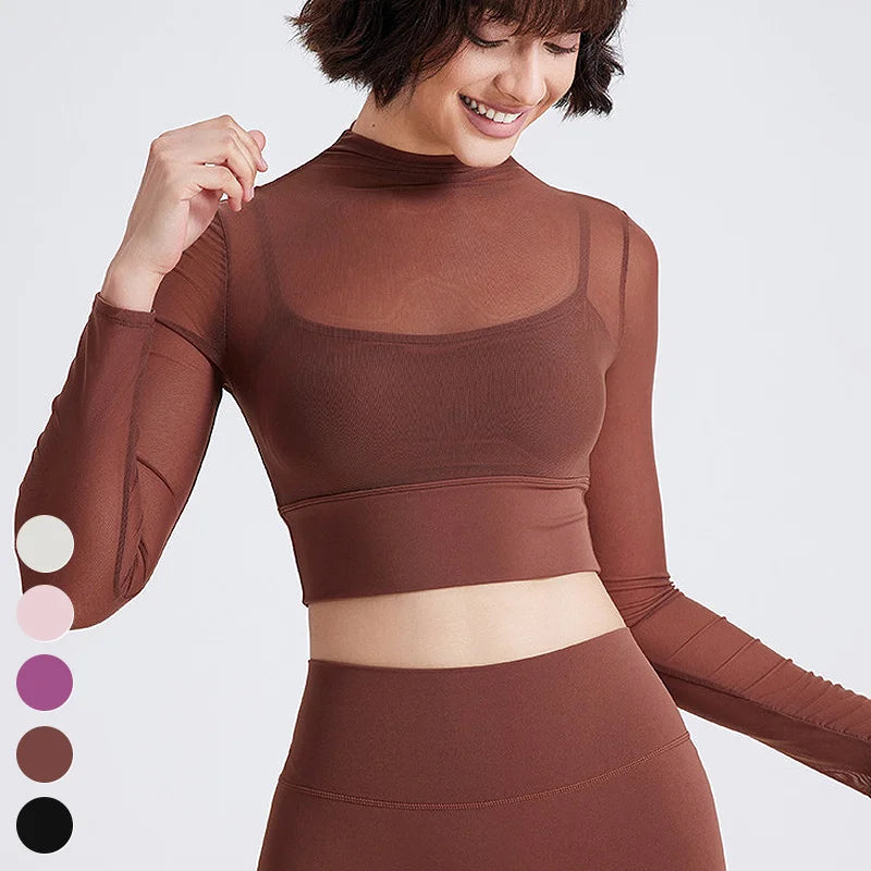 Wholesale Quick Dry Yoga Wear Sexy Breathable Mesh Sports Shirt Long Sleeve Tops Women Yoga Crop Top With Fixed Padded