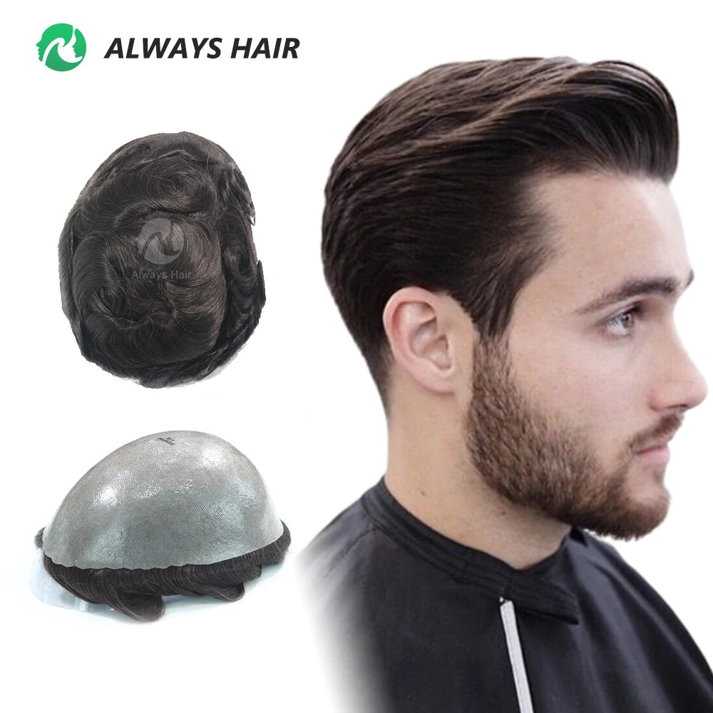 Men Toupee 0.12-0.14mm Skin PU Base Indian Human Hair Natural Wave 130% Density Hair Replacement System for Hair Loss MegaBDM