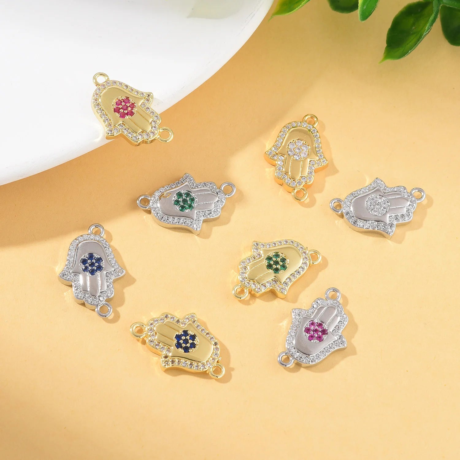 Fashion Enamel Necklace 14K Gold Hamsa Eye Inlay Gemstone 18K Gold Platinum Eye Enamel Hamsa Connectors for Jewelry