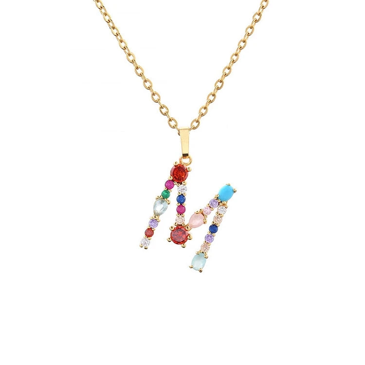 G400 Rainbow Rhinestone Initial Name A-Z Alphabet 26 LetterS Stainless Steel Gold Chain Necklace