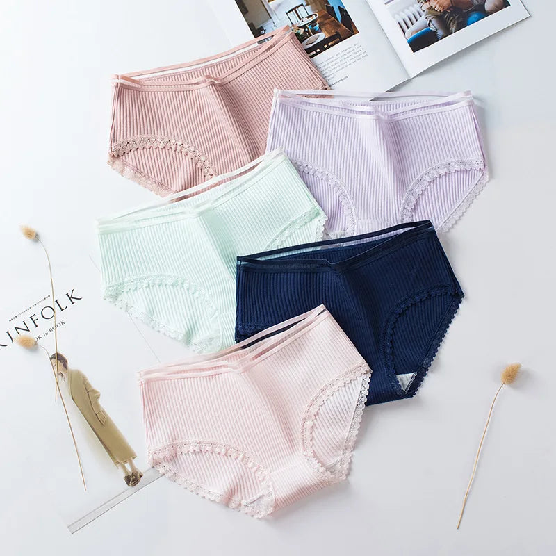 Wholesale Lace Mid Waist Women's Panties Large Size Solid Color Cotton Girls Ladies Briefs Underwear