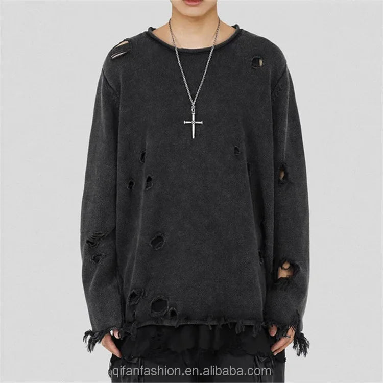 Custom Streetwear Pullover Torn Knit Distressed Ripped Sweater for Men