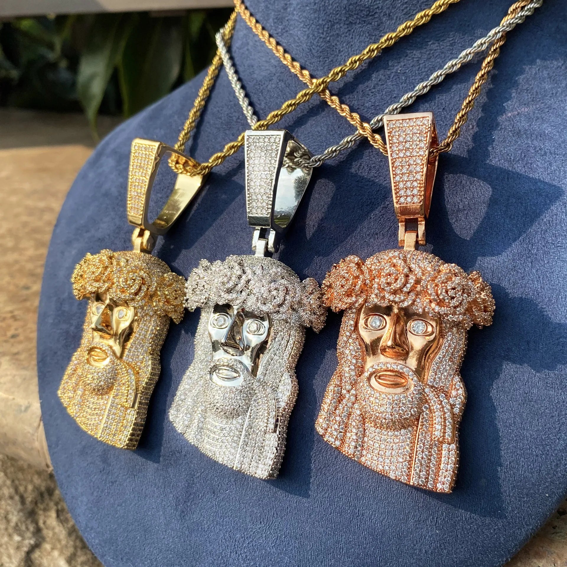 Rose Gold Tone Huge Spooky Big Jesus Head  Zircon Rose Crown Charm Jumbo Pendant Green Cubic Zirconia Necklace