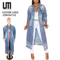 Custom Logo Wholesale Fashion Women Fall Winter Clothes Turn Down Collar Long Sleeve Ripped Denim Jackets Outerwear Jeans Coats