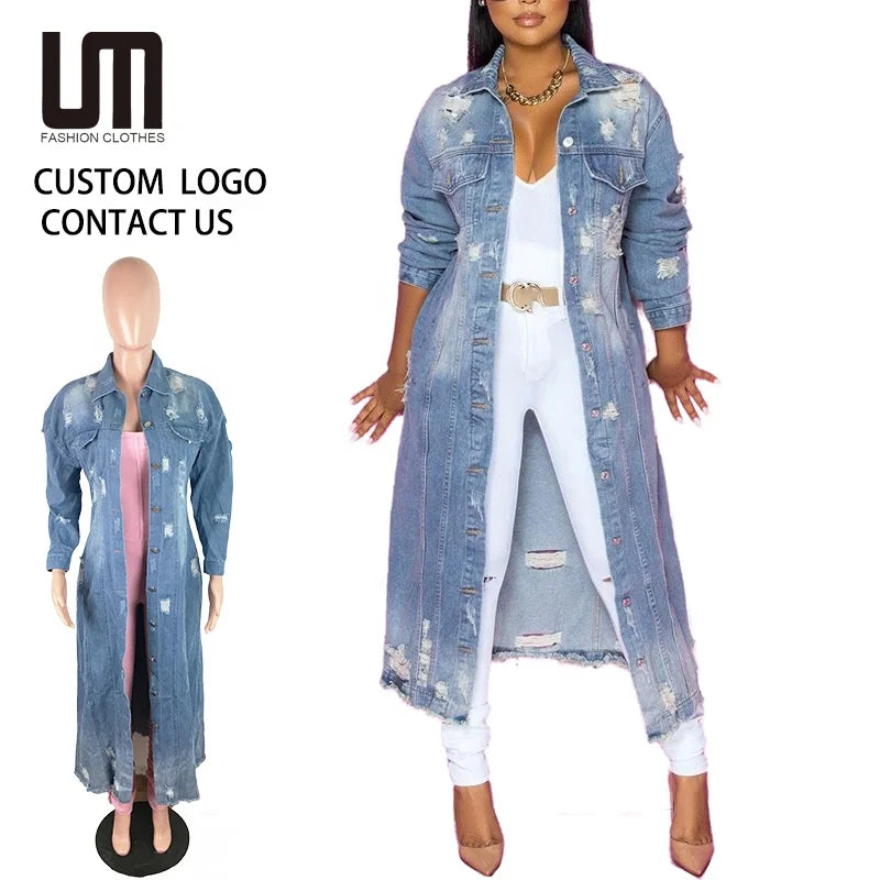 Custom Logo Wholesale Fashion Women Fall Winter Clothes Turn Down Collar Long Sleeve Ripped Denim Jackets Outerwear Jeans Coats
