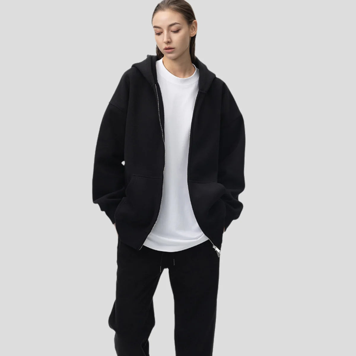 Unisex Heavyweight 350g Double Zipper Hoodie Polyester Cotton Autumn Blank Sweatshirt with Solid Pattern