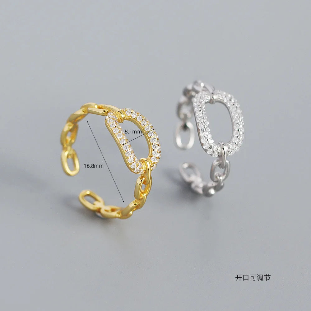 Rainbowking Fashion Vintage Rings S925 Silver Ins Micro Zirconia Chain Metal Wind Open Ring Personality Simple High Jewelry Ring