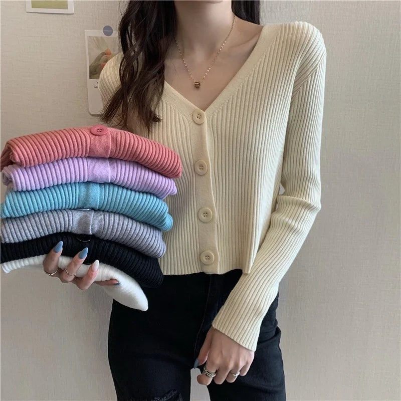Wholesale Slim Button Women's Long Sleeve Cardigan Jacket Custom Logo Design Knitwear for Autumn Season Short Length