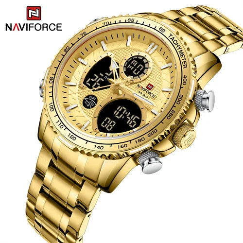NAVIFORCE 9182 GG Gold Dual Display Watch Male Stainless Steel Male Watch Waterproof Sport Custom Wristwatch Relogio Masculino