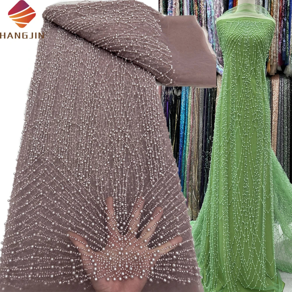 Wholesale Heavy Beaded African Lace Fabrics Luxury Sequins Tulle Embroidery 3D Pearls Lace Fabric for Women Bridal Party Dress
